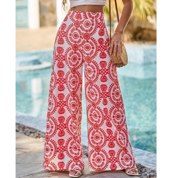. Pants - Red Boho Womens Damask Print Wide Leg Pants